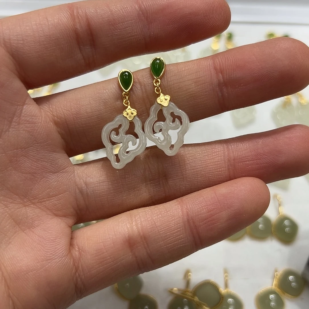 和田玉耳饰银S925镶嵌记**心