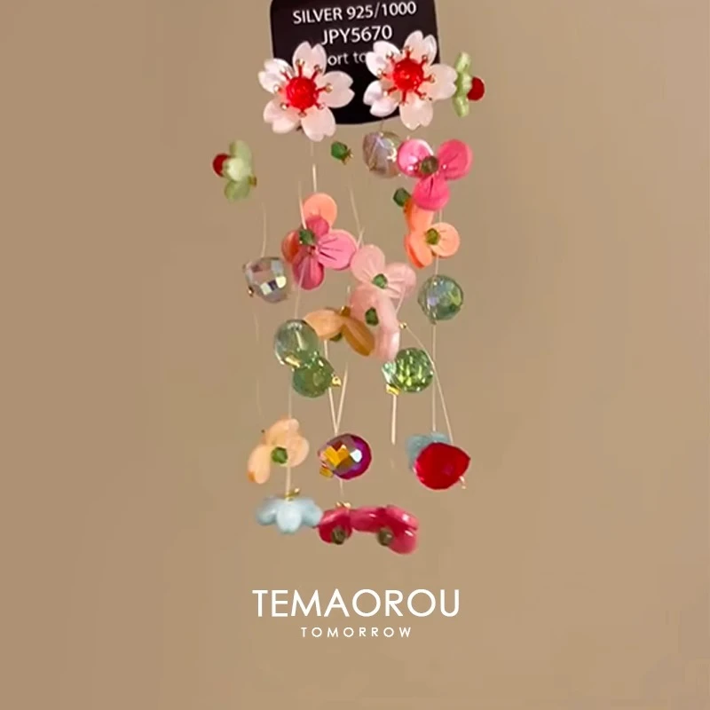 铜合金耳饰 春夏夸张鱼线悬浮彩色花串珠吊坠耳环女拍照出片耳饰