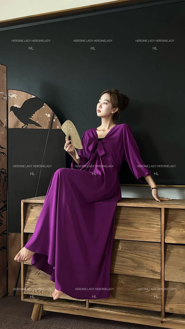 【苏菲】HL棉绸夏季V领气质优雅宽松甜美浪漫短袖显瘦长款连衣裙