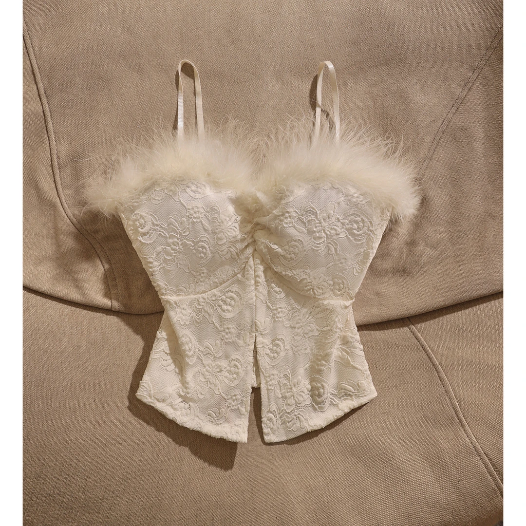 甜辣妹小众黑色羽毛蕾丝抹胸吊带背心女内搭外穿修身性感绝美上衣