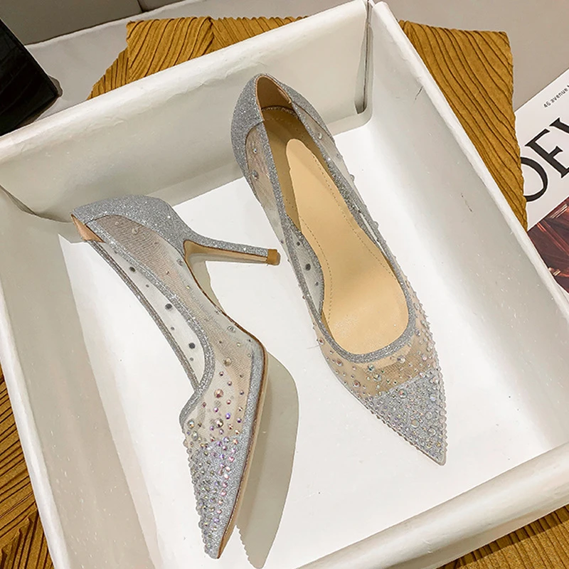 网纱水钻单鞋女2024夏季新款彩钻浅口尖头细跟超高跟女鞋厂家直销