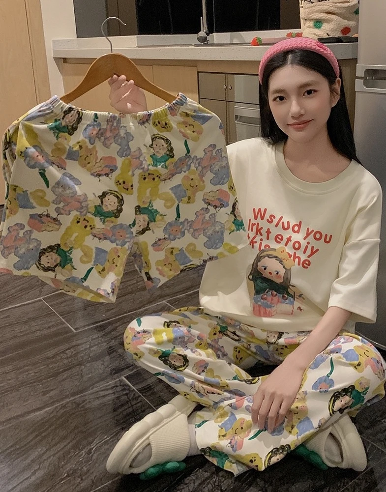 [油画公主]-短袖三件套-春夏秋男女款潮牌棉质居家服睡衣