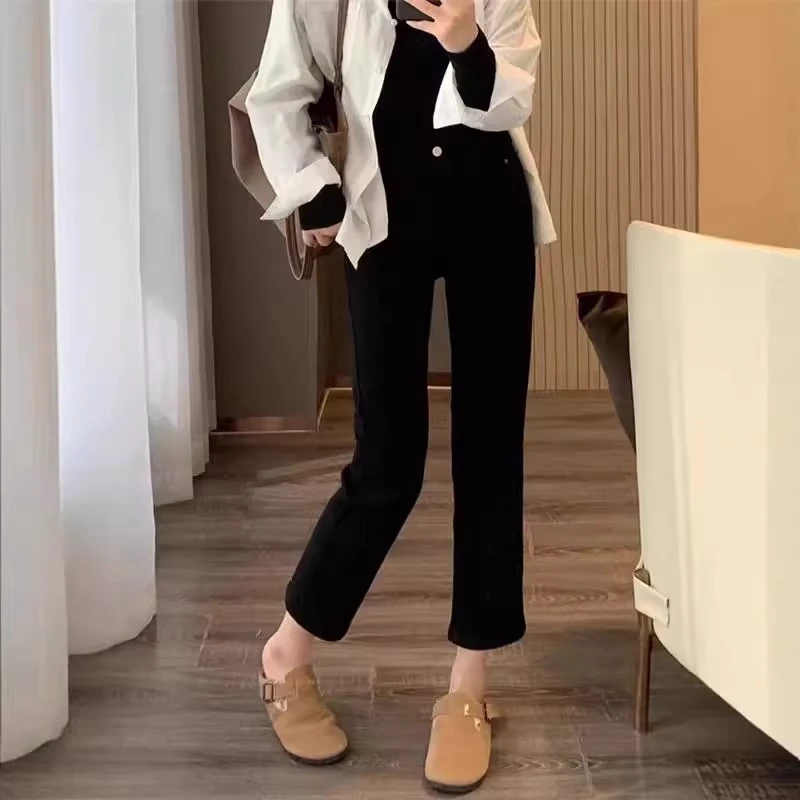 黑色烟管牛仔裤女秋冬加绒厚款高腰显瘦小个子弹力八分九分直筒裤