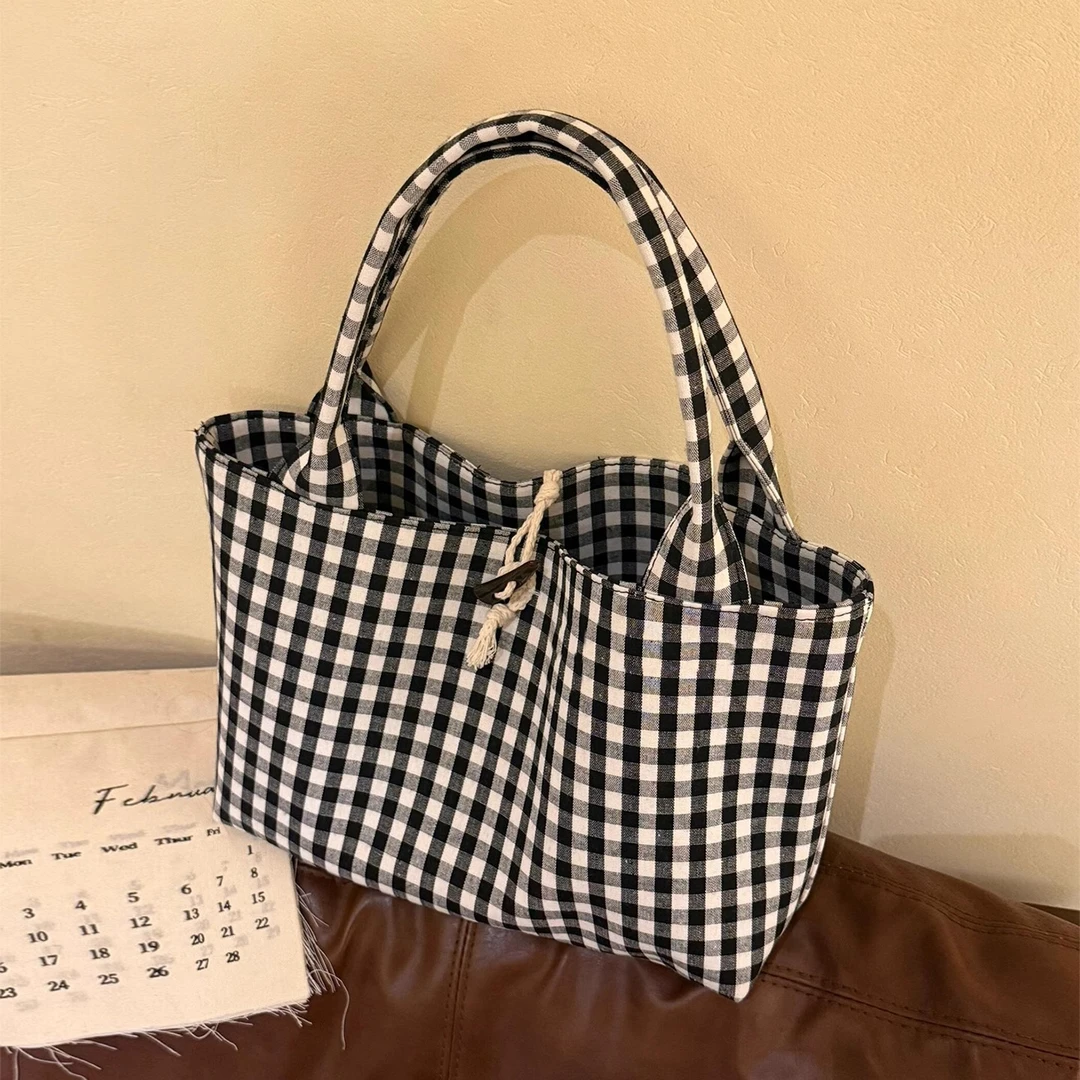 韩系慵懒风格纹帆布包女夏季大容量单肩托特包通勤外出手提购物袋
