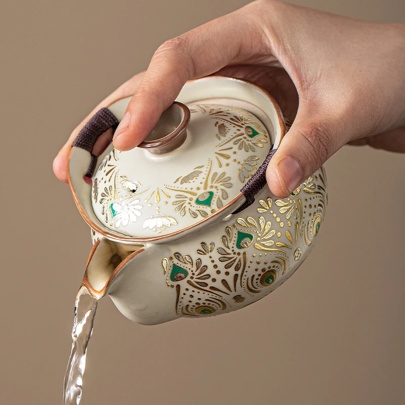 汝窑高端手抓壶盖碗防烫泡茶壶碗茶杯户外便携式旅行茶具一壶三杯