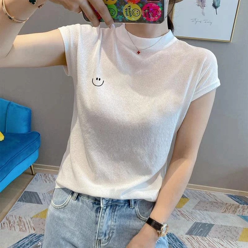 欧货白色t恤女短袖2025春夏季新款百搭宽松冰丝针织小衫内搭上衣