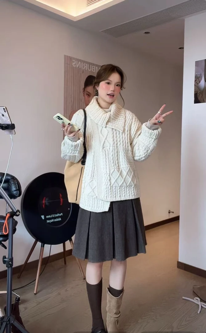 慵懒风针织纯色翻领连帽毛针织衫气质百搭女装加厚
