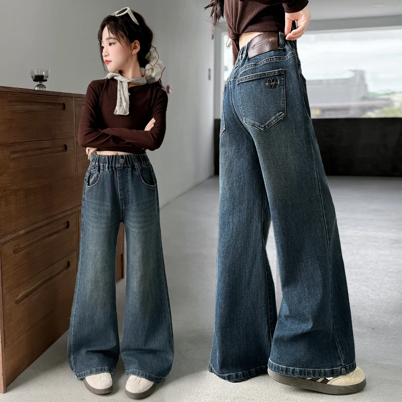 女童春秋季牛仔裤2025新款中大童秋装宽松阔腿裤百搭时髦潮款长裤