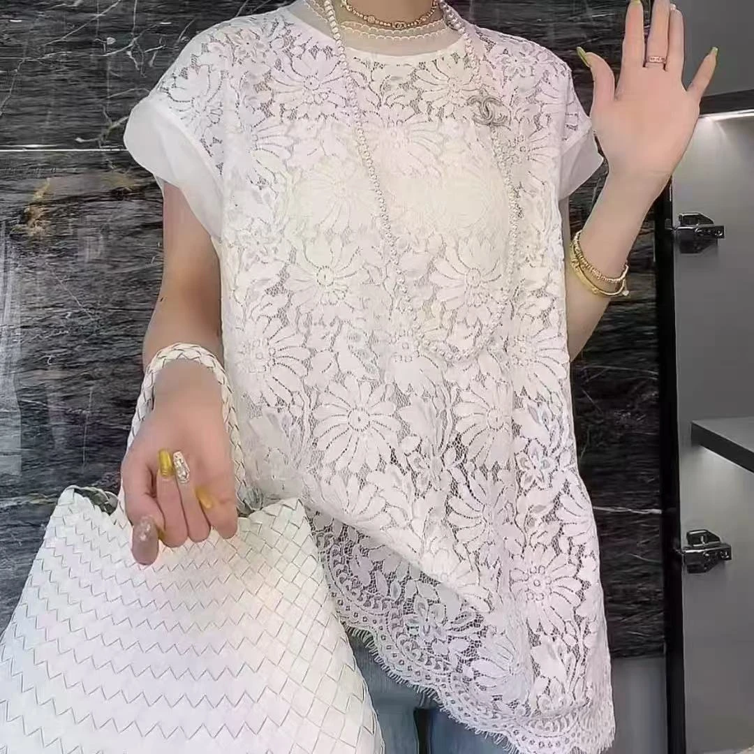 琴10288夏季新款欧货圆领溜肩无袖蕾丝大版T恤针织镂空洋气上衣