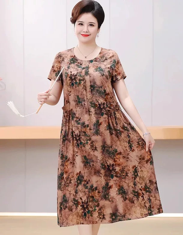 【561-570】妈妈款夏季夏装宽松大码百搭时尚连衣裙中老年洋气裙子