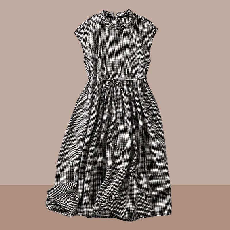 2025夏季时尚新款黑白格子亚麻手工压褶荷叶领边系带宽松连衣裙子