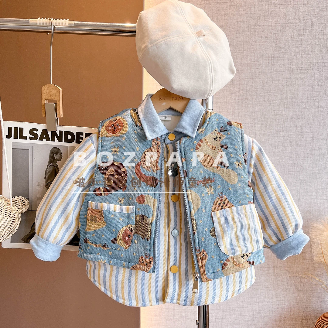 现货啵小爸【小猫来信】2025冬季新款男童猫咪夹棉拉链马甲衬衫套装