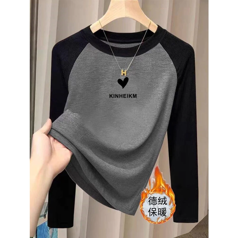 2025新款德绒小众撞色圆领正肩长袖t恤女时尚百搭加厚磨毛打底衫