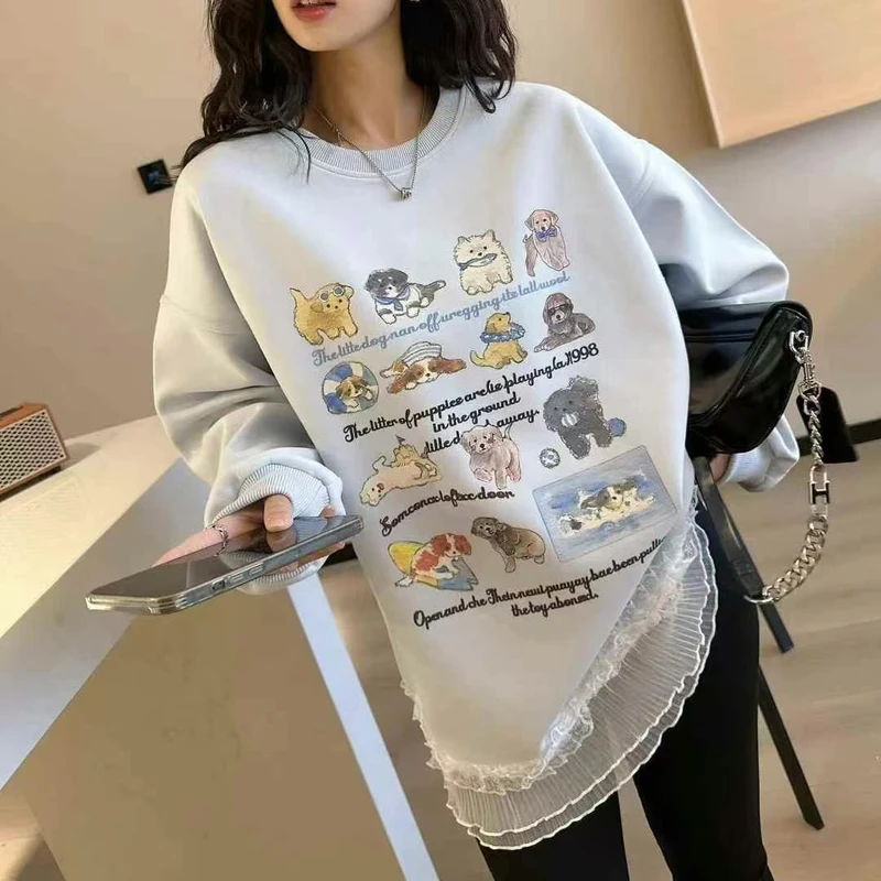 2025春上新卡通印宽松蕾丝拼接圆领时尚百搭韩版长袖卫衣女 2874