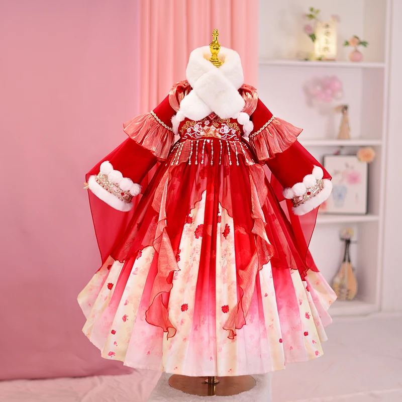 女童汉服冬季加绒国风古装公主裙女孩新年加厚唐装拜年服hls8803