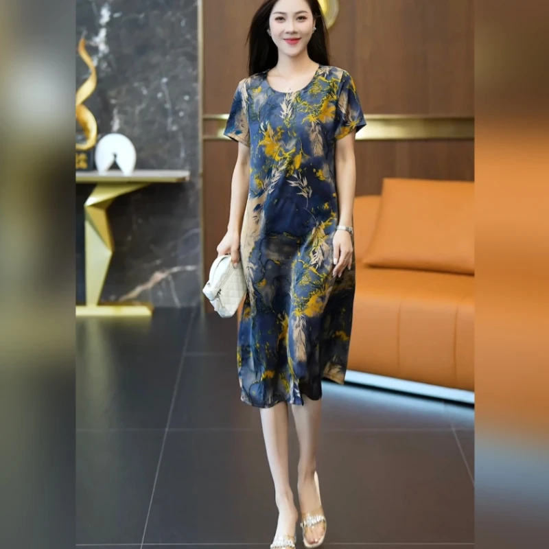 妈妈装夏季宽松遮肉复古气质短袖缎面中长款时尚连衣裙