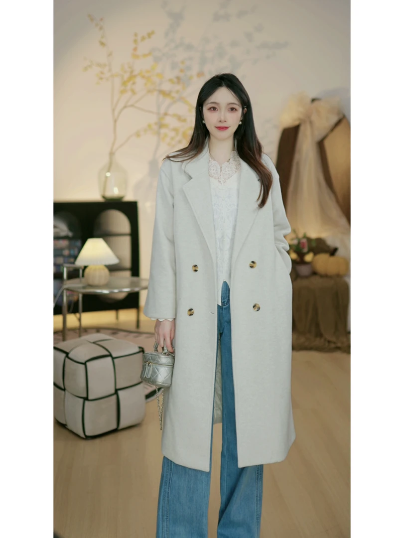 2025冬季新款高级感长款宽松毛呢夹棉加厚外套大衣女