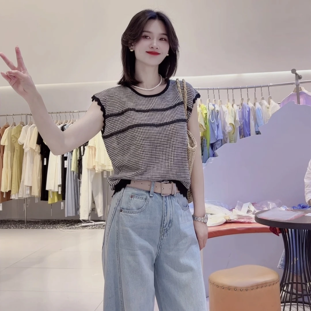 【黑风铃】时尚拼花边条减龄百搭小格子上衣