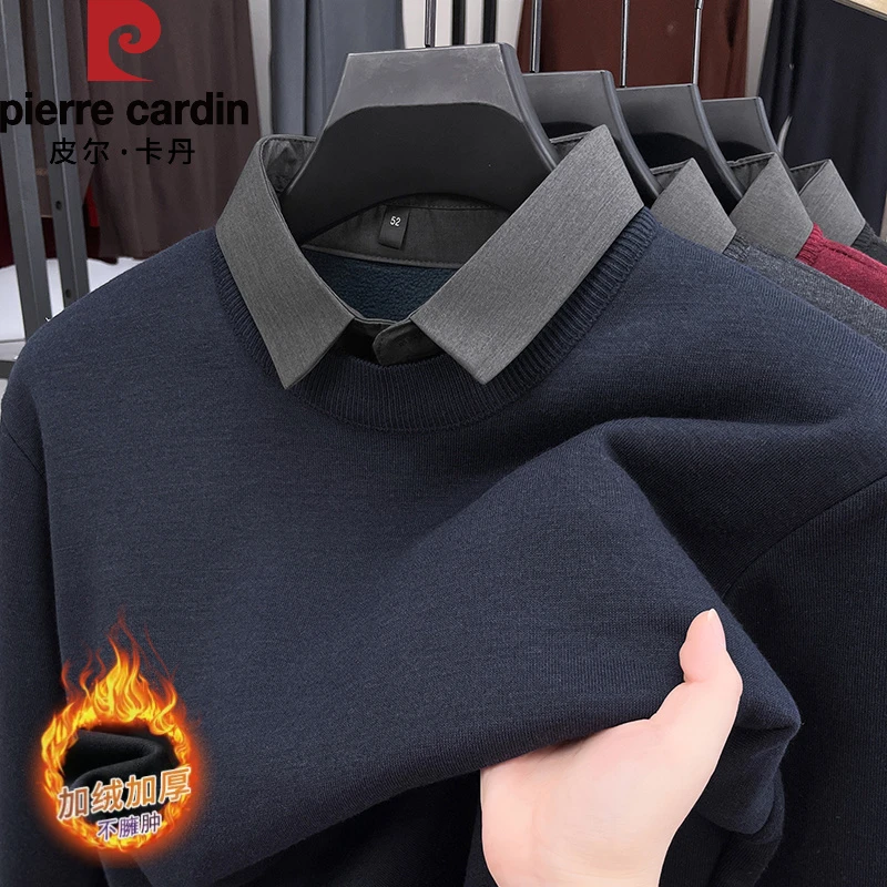 【国际大牌皮尔卡丹】高档加绒假两件衬衫男毛衣冬季针织打底衫长袖