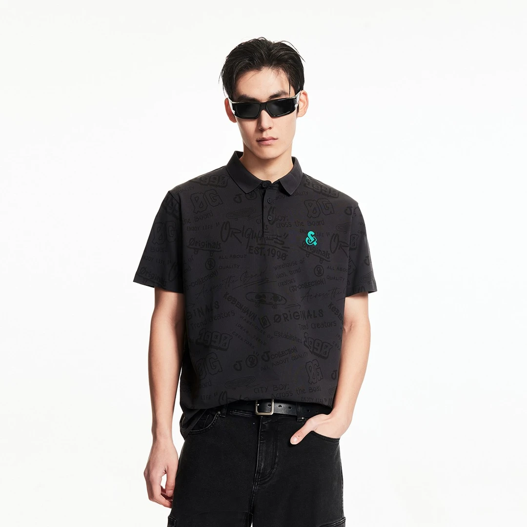 杰克琼斯夏季新款宽松胸前刺绣衣身满印装饰短袖T恤Polo衫男装