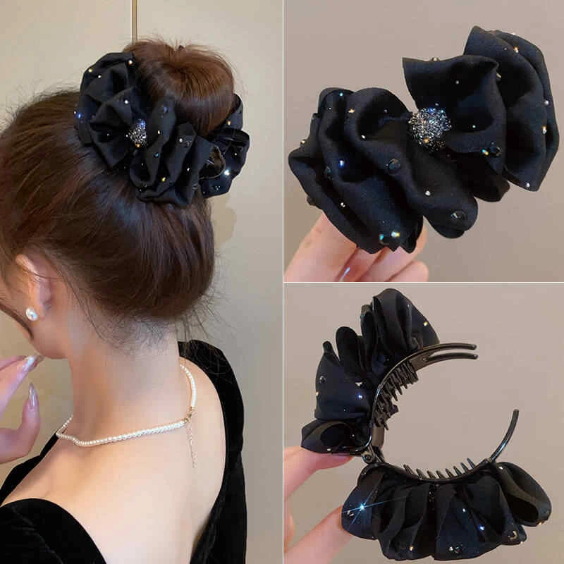 黑色镶钻蝴蝶结丸子头抓夹女新款固定发夹盘发神器高马尾头饰发饰