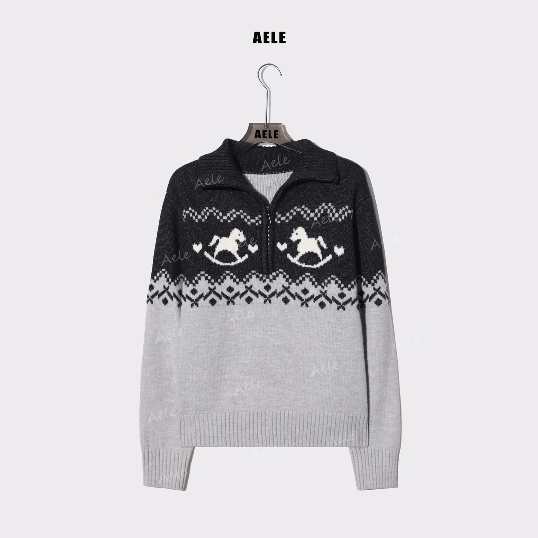 AELE落肩袖厚款百搭常规款女士翻领撞色小马针织衫 X855 3935 AD