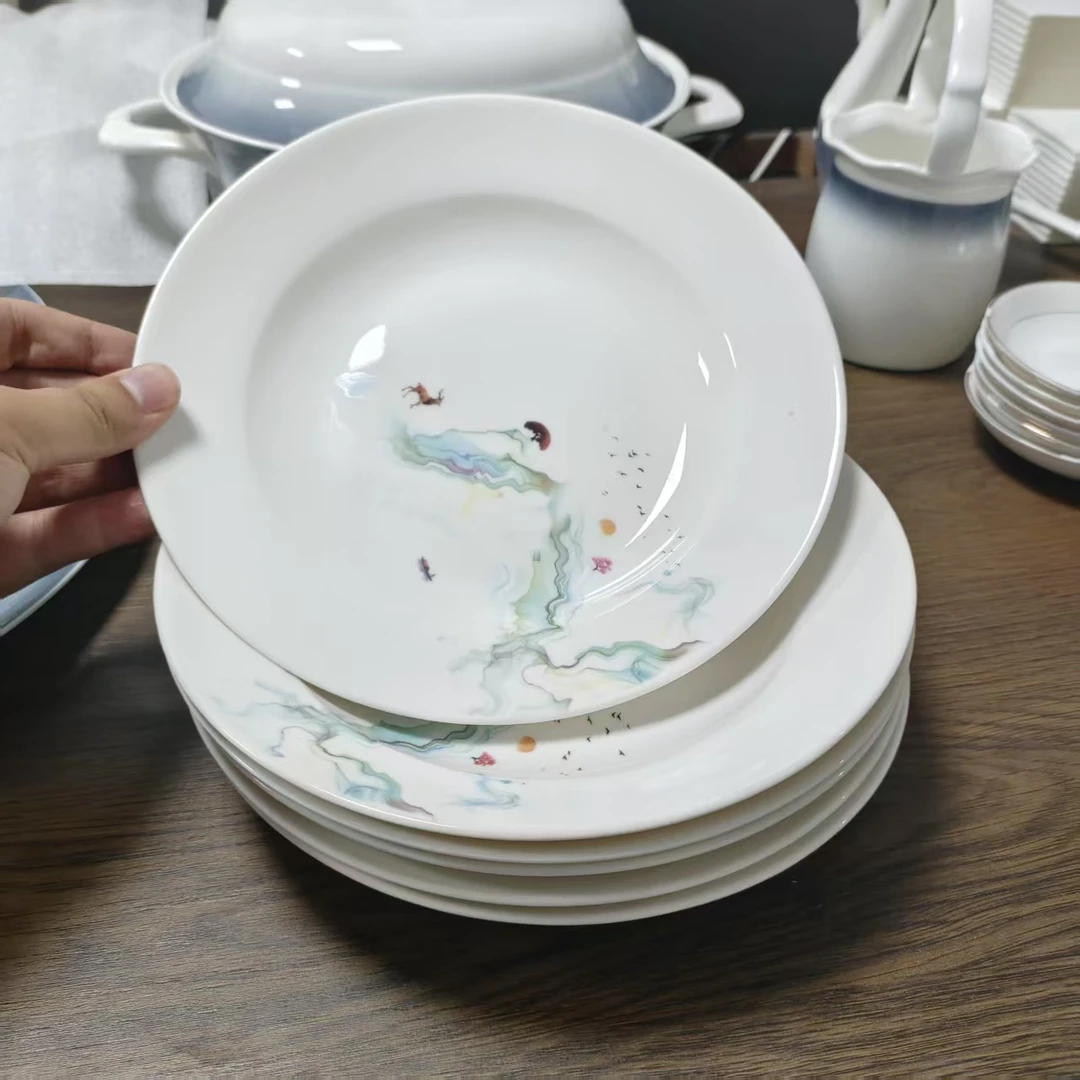 景德镇餐具【微瑕尾货】水墨彩8寸汤盘6个装