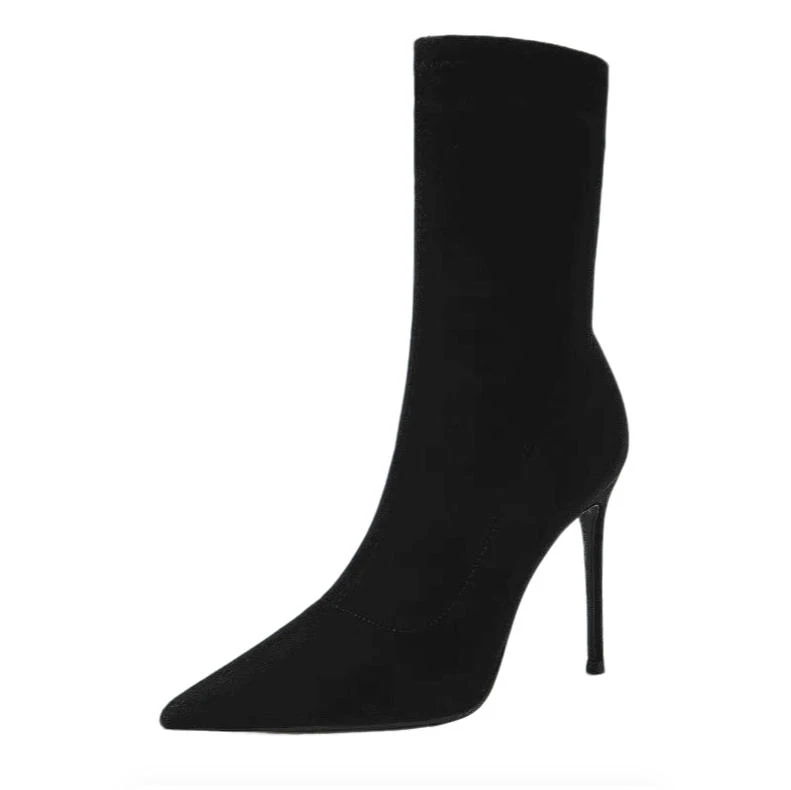 黑色高跟弹力瘦瘦靴2025秋冬新款短靴女尖头显瘦细跟中筒单靴袜靴
