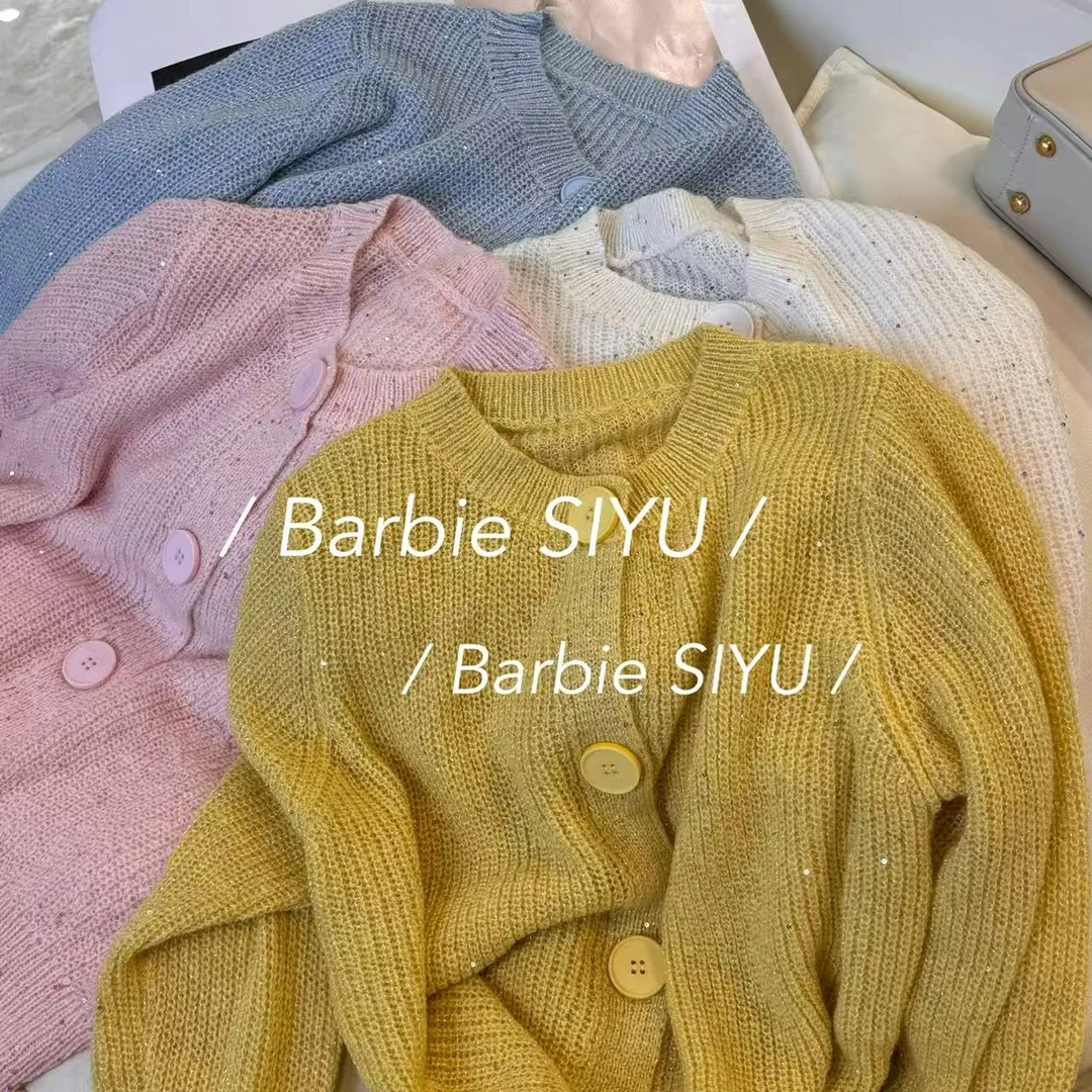 Barbie Siyu【鹅卵石】春季韩系单排扣圆领甜美风开衫51232