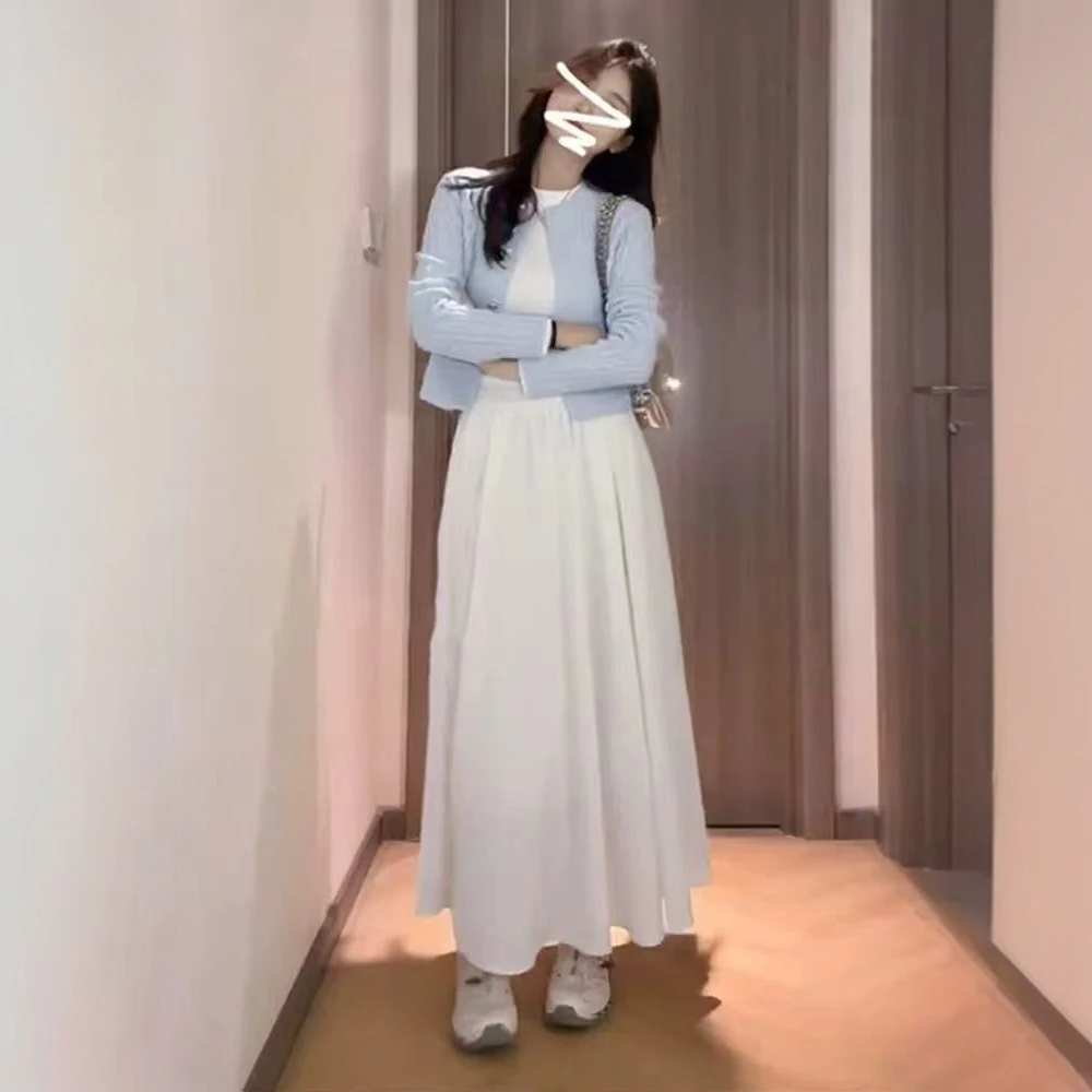 大码女装学院风奶系白色连衣裙早春季新款小个子韩剧穿搭三件套装