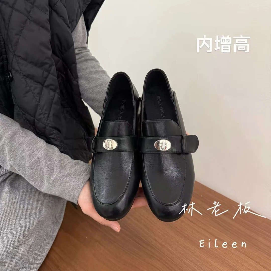 韩版ins网红同款金属扣隐形内增高韩版乐福鞋加绒休闲单鞋A3688-1