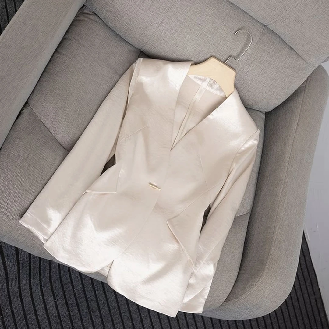 醋酸缎面无领西装外套女夏款爆款2025新款宽松简约气质西服上衣女