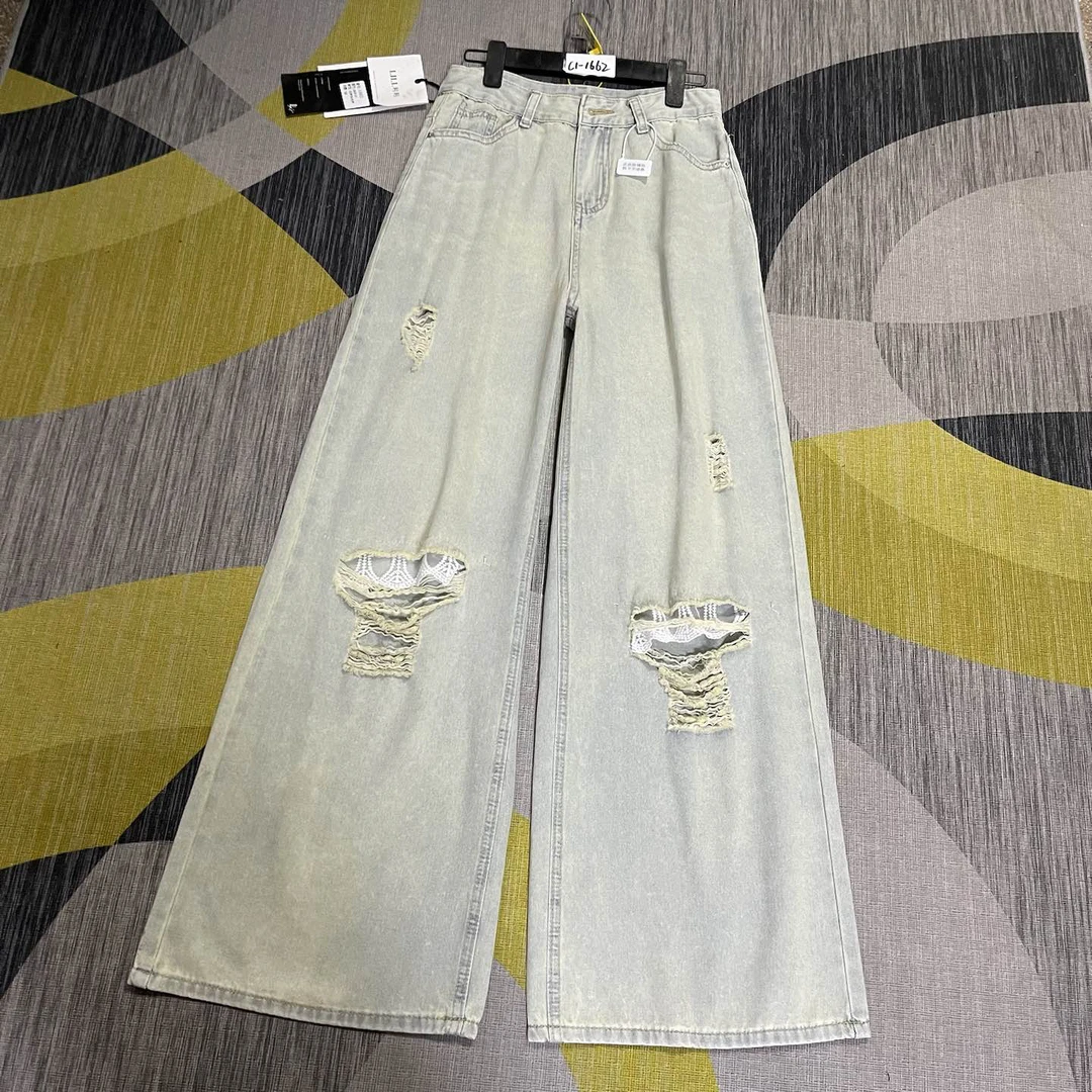 C1-1662 薄款 浅怀旧蓝加长辣妹蕾丝破洞阔腿裤 无弹（不退换）