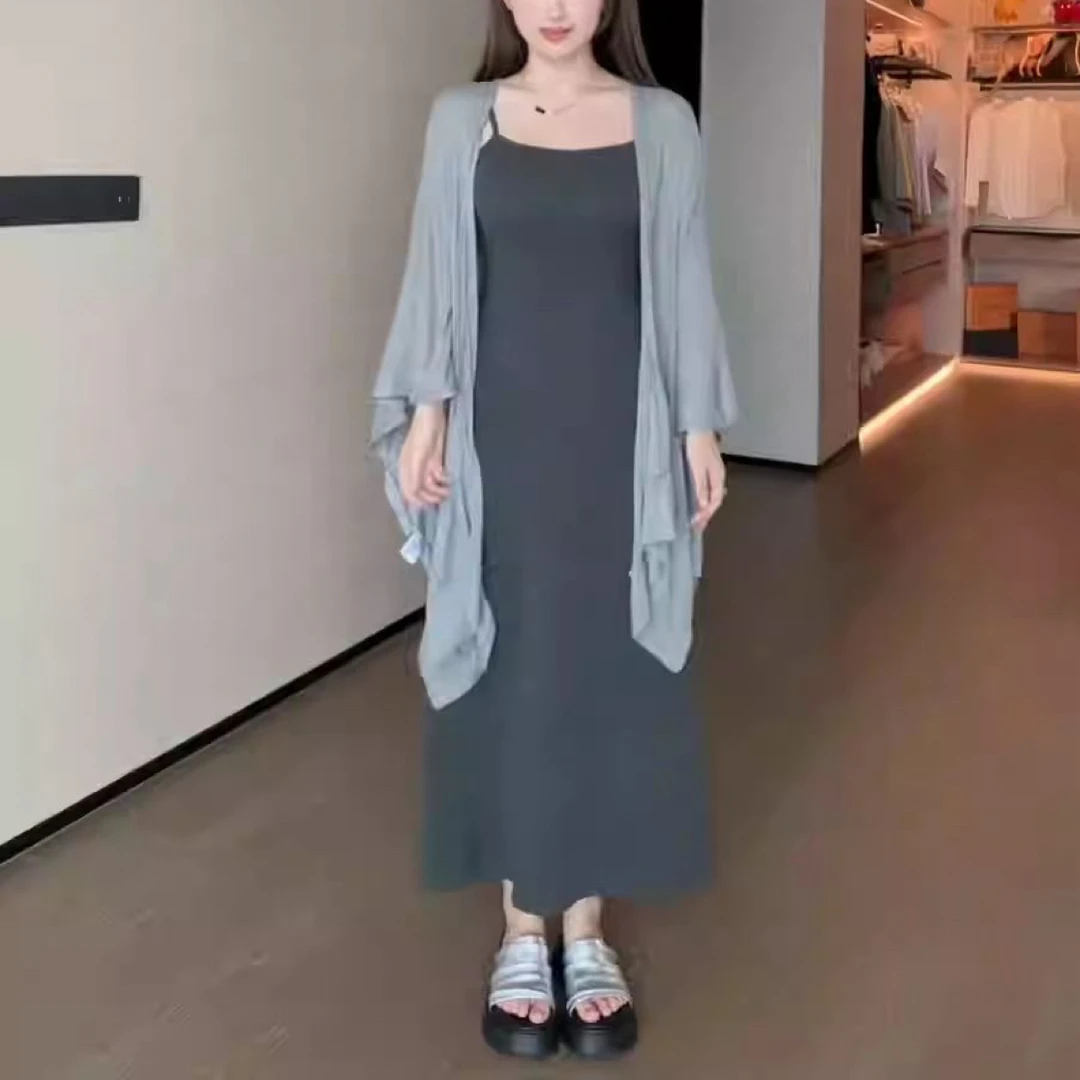 韩系松弛感垂感吊带连衣裙搭配气质披肩女夏季小众洋气套装