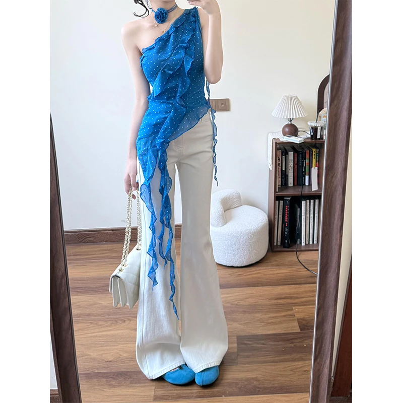 露肩波点不规则飘带荷叶边吊带上衣小众微喇牛仔裤直筒喇叭长裤子