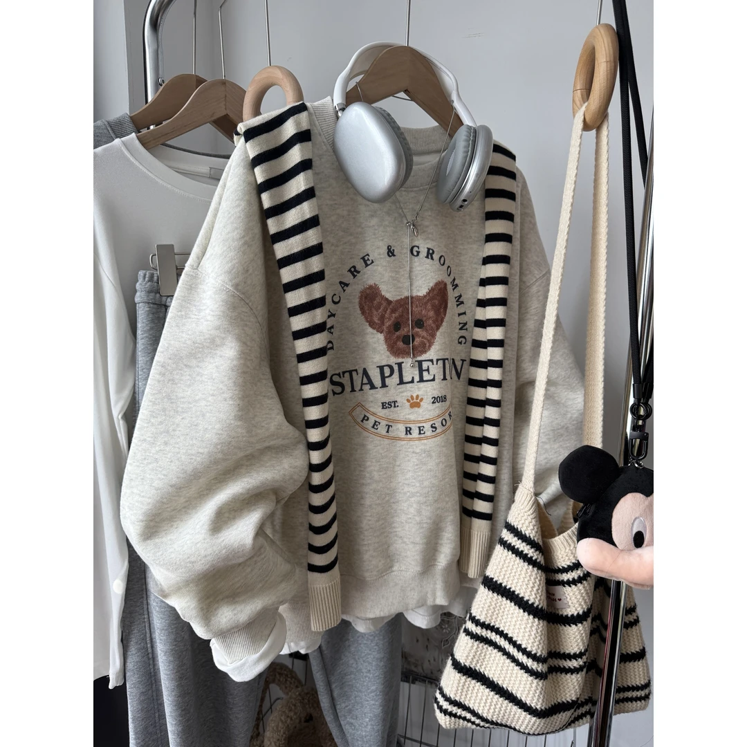 胖mm240斤大码韩系小狗印花圆领宽松卫衣女秋冬洋气百搭上衣外套