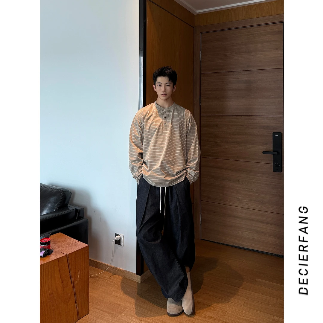 25ss秋季新款美式复古亨利领百搭条纹长袖男女同款潮牌休闲上衣