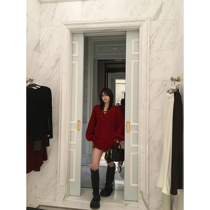 韩系秋冬时尚洋气高级感红色针织毛衣长袖上衣高腰修身短裤套装女