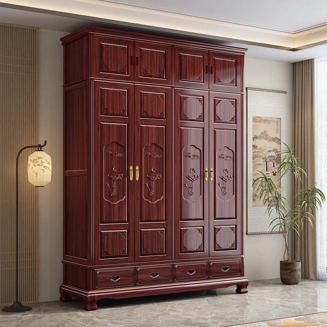 酸枝木实木大衣柜顶柜新中式雕花仿古家具收纳储物柜家用 DG25A15