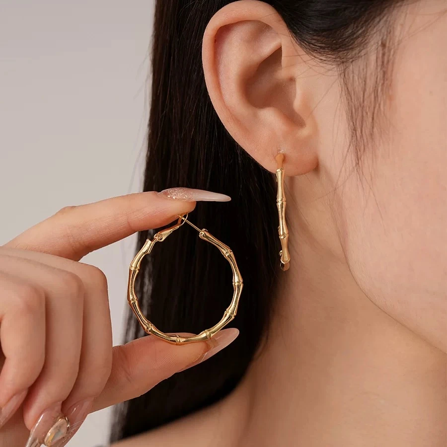 铜合金耳饰 新款复古竹节圈圈时尚简约几何气质高级感耳环N334