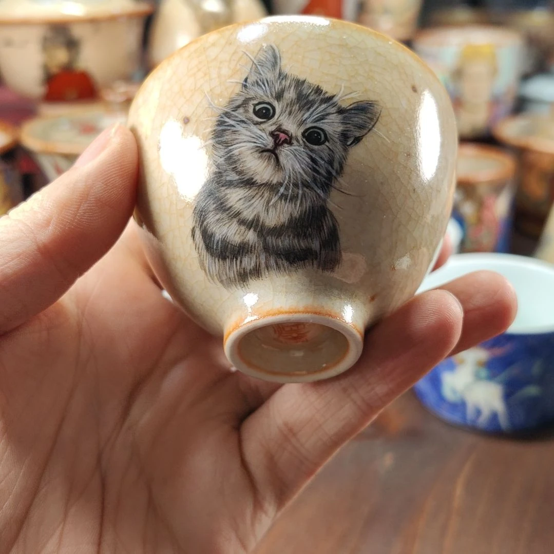 小猫咪主人杯景德镇手绘茶具