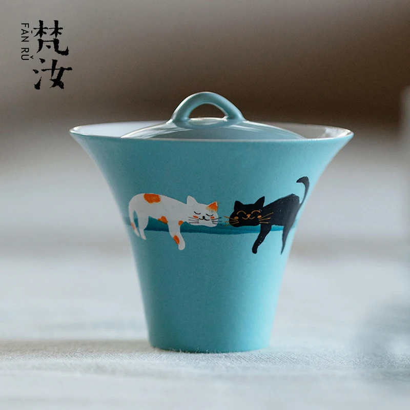 梵汝 景德镇手绘猫咪盖碗高端功夫茶具手工薄胎二才撇口泡茶碗