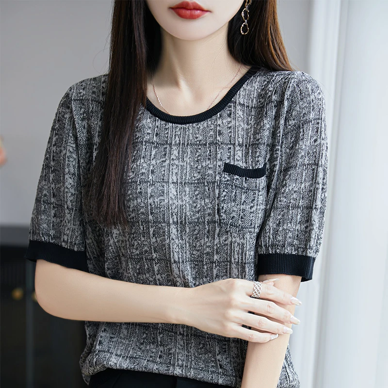 莱赛尔天丝 复古风撞色针织短袖女宽松显瘦T恤 夏凉快透气不闷热