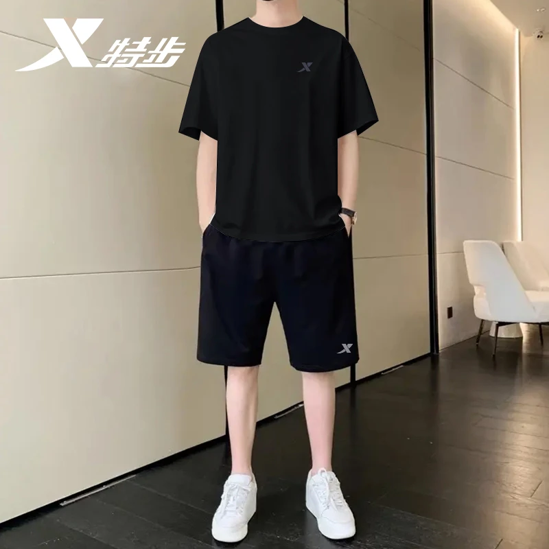特步运动套装男速干夏季冰丝薄款透气健身跑步服休闲短袖两件套男
