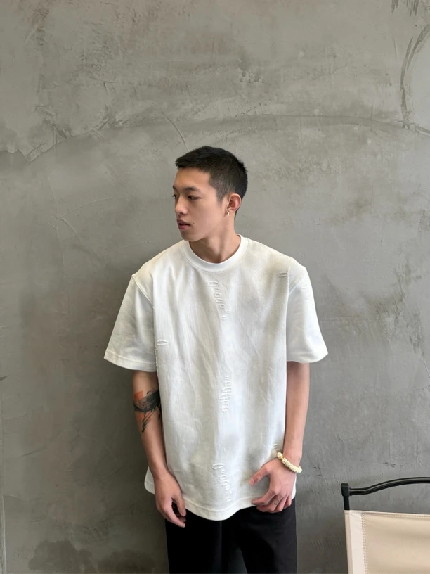 Monster✰G夏季cleanfit脏染破洞半袖潮流百搭圆领宽松T恤衫男