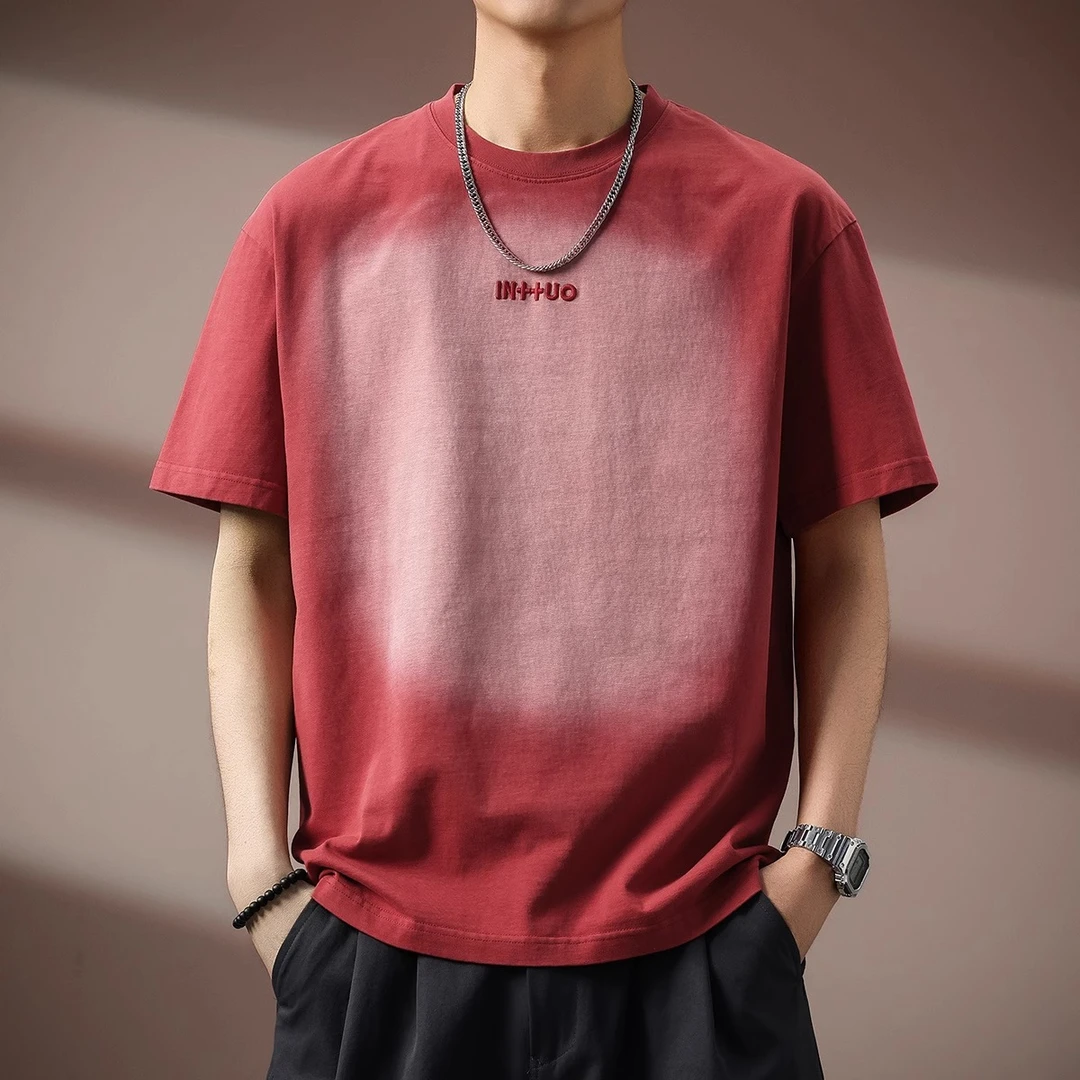 MR.MUDI/穆迪先生高端渐变刺绣纯棉短袖T恤男夏新款潮牌复古体恤