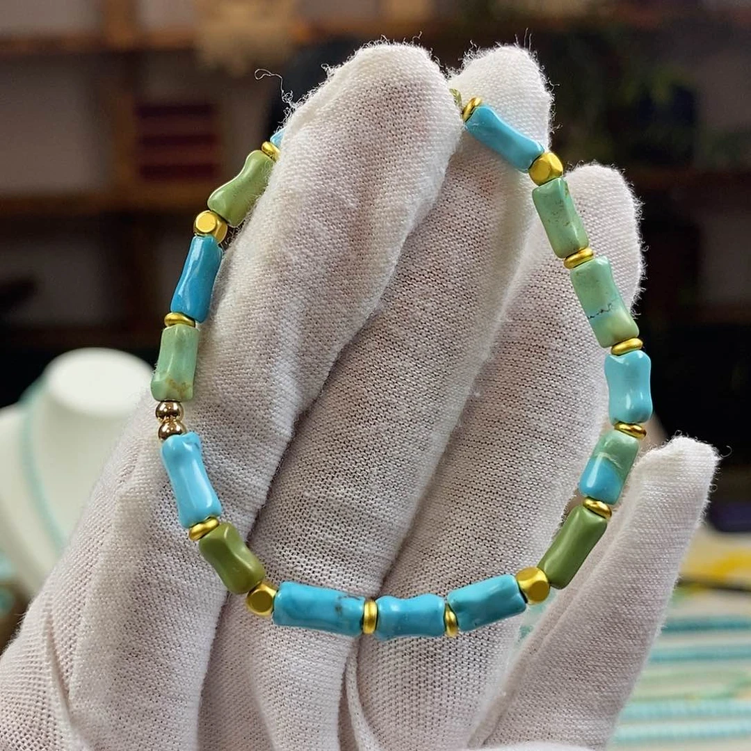 绿松石A6竹节手串银S925镀金镶嵌