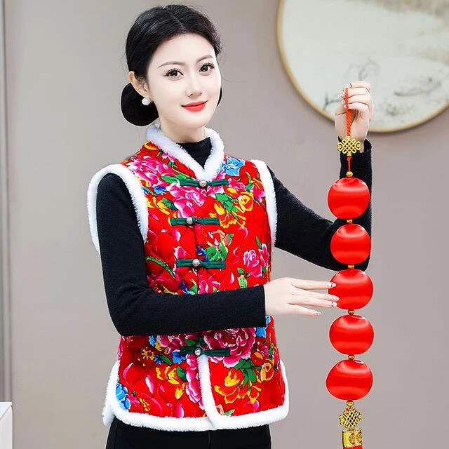 秋冬棉背心中国风棉袄上衣盘扣旗袍加绒复古保暖坎肩东北大花马甲