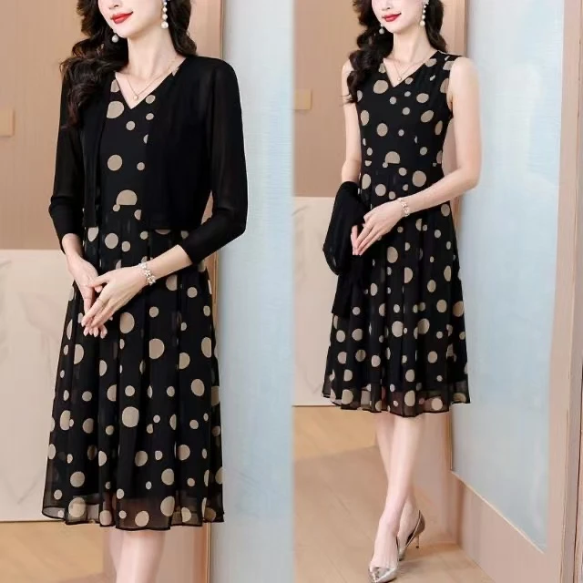 1313#外套+背心裙高端洋气质雪纺纱料两件套装连衣裙女夏季2025