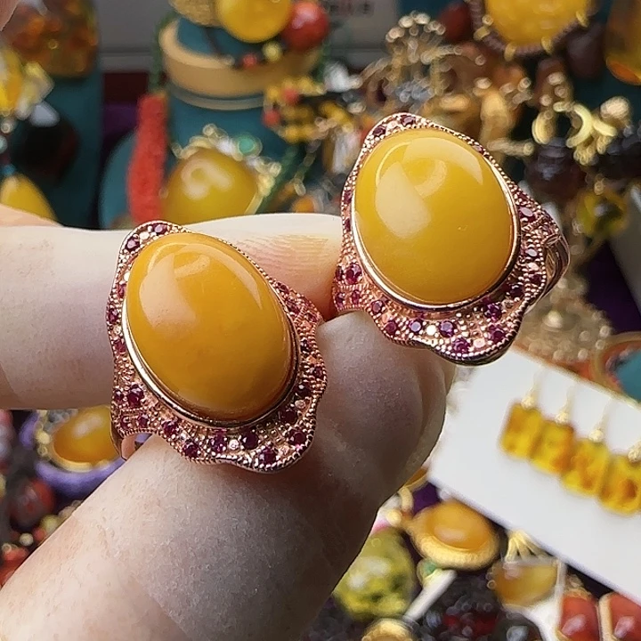 琥珀银S925镀金镶嵌戒指